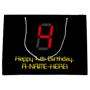Grand Sac Cadeau 4ème anniversaire : Rouge Digital Horloge Style "4