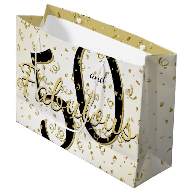Grand Sac Cadeau 50 et fabuleux fête d'anniversaire Fun Black/Gold (Devant Angle)