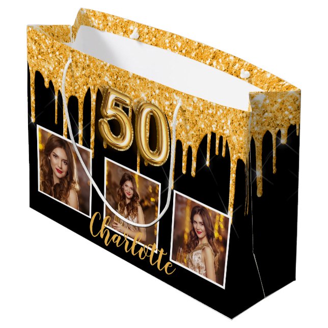 Grand Sac Cadeau 50e anniversaire noir parties scintillant d'or gou (Dos Angle)