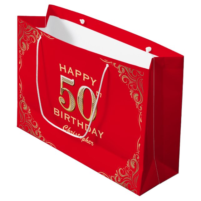 Grand Sac Cadeau 50e anniversaire Parties scintillant rouge et or c (Devant Angle)