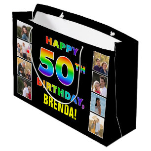 Grand Sac Cadeau 50e anniversaire : Rainbow Text, Custom Photos & N