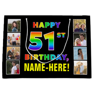 Grand Sac Cadeau 51e anniversaire : Rainbow Text, Custom Photos & N