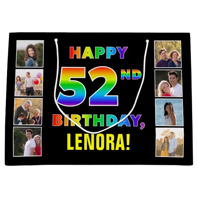 Grand Sac Cadeau 52e anniversaire : Rainbow Text, Custom Photos & N (Devant)