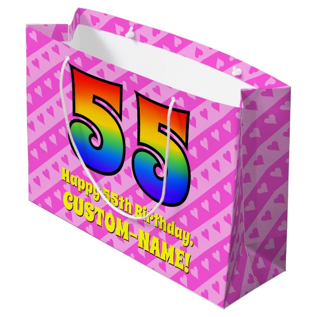 Grand Sac Cadeau 55e anniversaire : Pink Stripes & Hearts, Arc en c (Dos Angle)