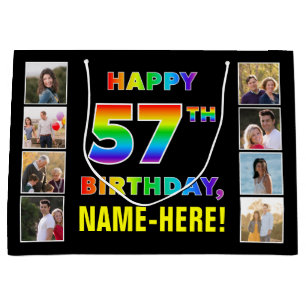 Grand Sac Cadeau 57e anniversaire : Rainbow Text, Custom Photos & N