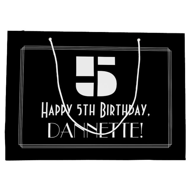 Grand Sac Cadeau 5e anniversaire ~ Art Déco Inspiré Look "5" + Nom (Dos)