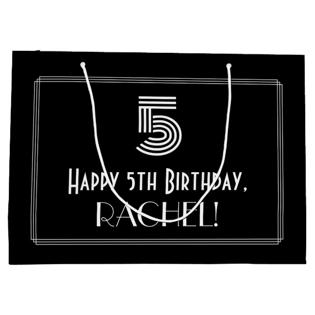 Grand Sac Cadeau 5e anniversaire — Art Déco Inspiré Look "5" & Nom (Dos)