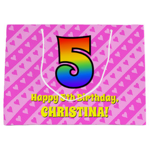 Grand Sac Cadeau 5e anniversaire : Pink Stripes & Hearts, Rainbow #