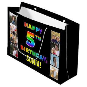 Grand Sac Cadeau 5e anniversaire : Rainbow Text, Custom Photos & Na