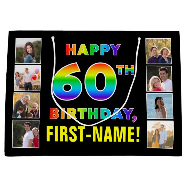 Grand Sac Cadeau 60e anniversaire : Rainbow Text, Custom Photos & N (Devant)
