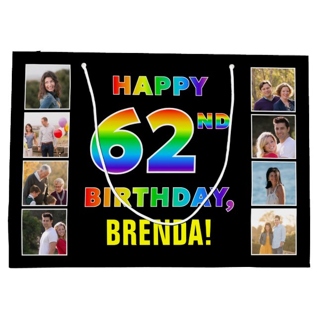 Grand Sac Cadeau 62e anniversaire : Rainbow Text, Custom Photos & N (Dos)