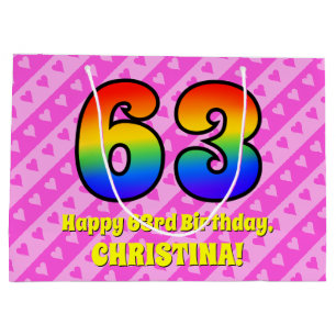 Grand Sac Cadeau 63e anniversaire : Pink Stripes & Hearts, Arc en c