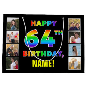 Grand Sac Cadeau 64e anniversaire : Rainbow Text, Custom Photos & N