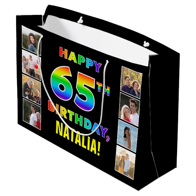 Grand Sac Cadeau 65e anniversaire : Rainbow Text, Custom Photos & N (Dos Angle)