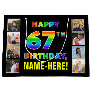 Grand Sac Cadeau 67e anniversaire : Rainbow Text, Custom Photos & N