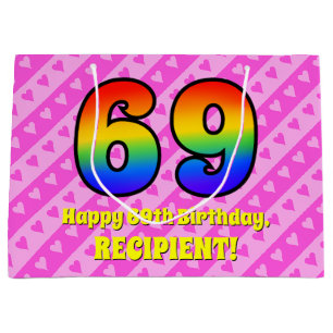 Grand Sac Cadeau 69e anniversaire : Pink Stripes & Hearts, Arc en c