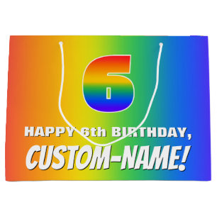 Grand Sac Cadeau 6e anniversaire : coloré, amusant Motif arc-en-cie