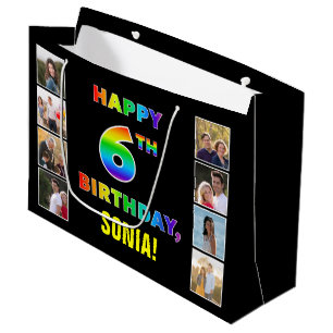 Grand Sac Cadeau 6e anniversaire : Rainbow Text, Custom Photos & Na