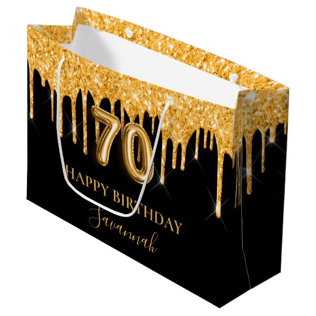 Grand Sac Cadeau 70e anniversaire noir or parties scintillant nom g (Devant Angle)