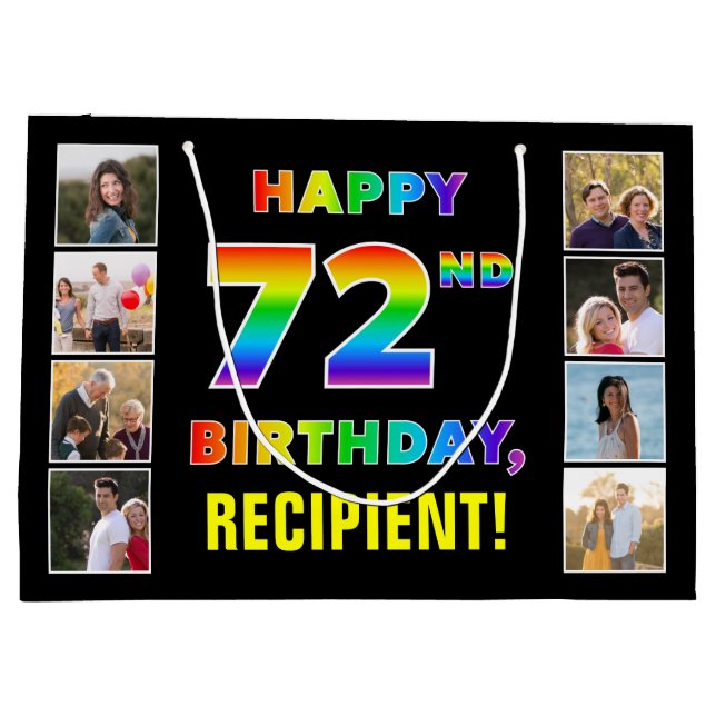 Grand Sac Cadeau 72e anniversaire : Rainbow Text, Custom Photos & N (Dos)