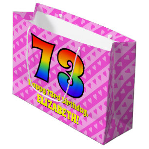 Grand Sac Cadeau 73e anniversaire : Pink Stripes & Hearts, Arc en c