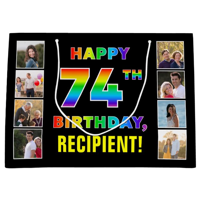 Grand Sac Cadeau 74e anniversaire : Rainbow Text, Custom Photos & N (Devant)