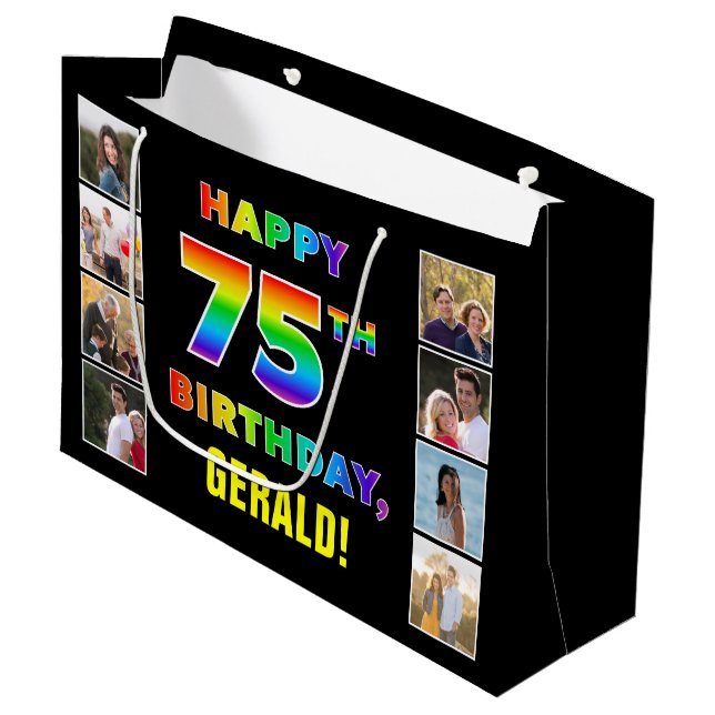 Grand Sac Cadeau 75e anniversaire : Rainbow Text, Custom Photos & N (Devant Angle)