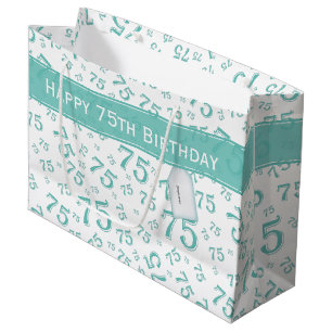 Grand Sac Cadeau 75e Joyeux anniversaire Turquoise/Motif numérique 