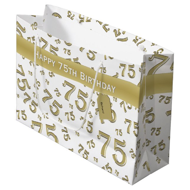 Grand Sac Cadeau 75e Joyeux Motif de numéros Gold/White (Devant Angle)