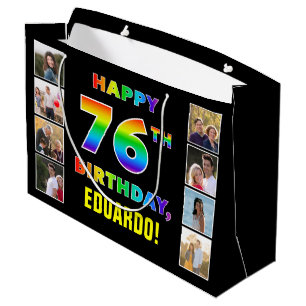 Grand Sac Cadeau 76e anniversaire : Rainbow Text, Custom Photos & N