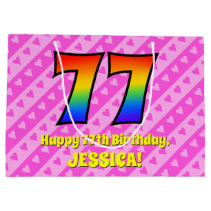 Grand Sac Cadeau 77e anniversaire : Pink Stripes & Hearts, Arc en c