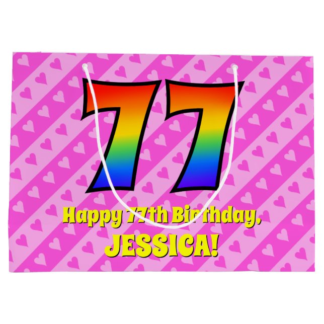 Grand Sac Cadeau 77e anniversaire : Pink Stripes & Hearts, Arc en c (Dos)