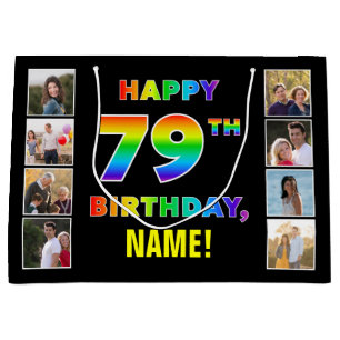 Grand Sac Cadeau 79e anniversaire : Rainbow Text, Custom Photos & N