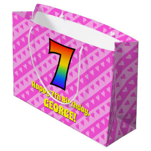 Grand Sac Cadeau 7e anniversaire : Pink Stripes & Hearts, Rainbow #