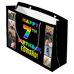 Grand Sac Cadeau 7e anniversaire : Rainbow Text, Custom Photos & Na