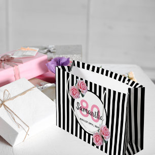 Grand Sac Cadeau 80e anniversaire noir rayures rose roses nom