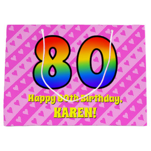 Grand Sac Cadeau 80e anniversaire : Pink Stripes & Hearts, Arc en c