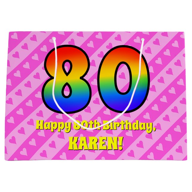 Grand Sac Cadeau 80e anniversaire : Pink Stripes & Hearts, Arc en c (Devant)