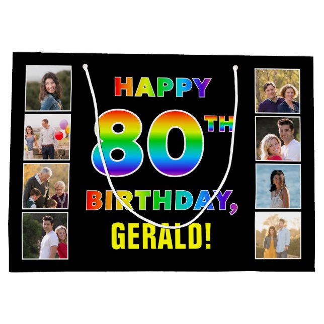 Grand Sac Cadeau 80e anniversaire : Rainbow Text, Custom Photos & N (Dos)