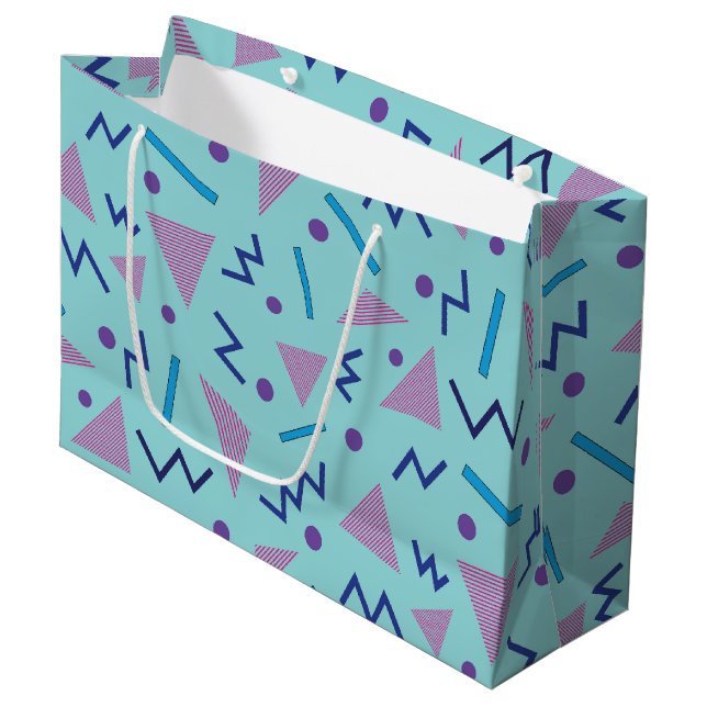 Grand Sac Cadeau 80s 90s Memphis style géométrique bleu (Devant Angle)
