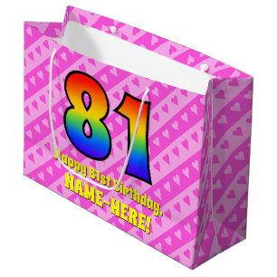 Grand Sac Cadeau 81e anniversaire : Pink Stripes & Hearts, Arc en c