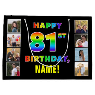 Grand Sac Cadeau 81e anniversaire : Rainbow Text, Custom Photos & N