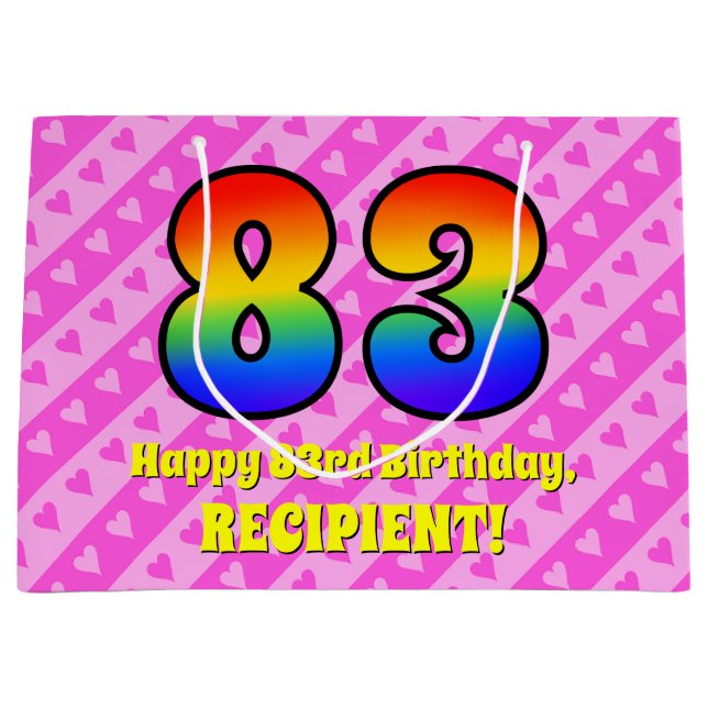Grand Sac Cadeau 83e anniversaire : Pink Stripes & Hearts, Arc en c (Devant)