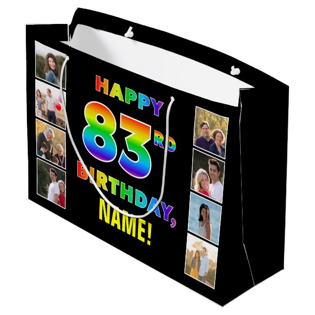 Grand Sac Cadeau 83e anniversaire : Rainbow Text, photos personnali (Dos Angle)