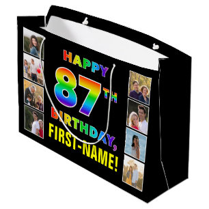 Grand Sac Cadeau 87e anniversaire : Rainbow Text, Custom Photos & N