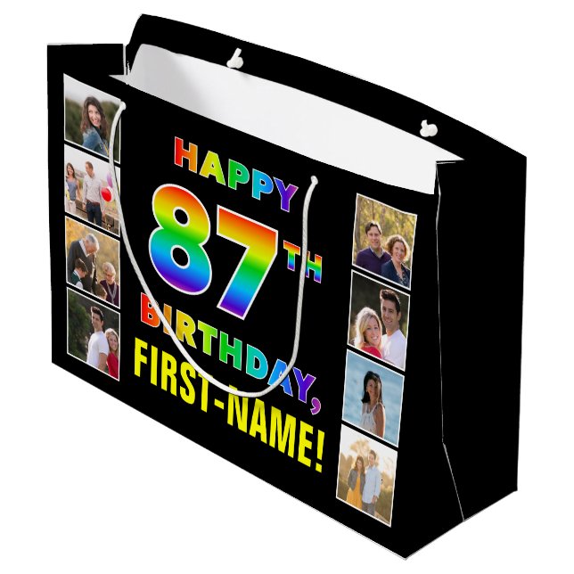 Grand Sac Cadeau 87e anniversaire : Rainbow Text, Custom Photos & N (Dos Angle)