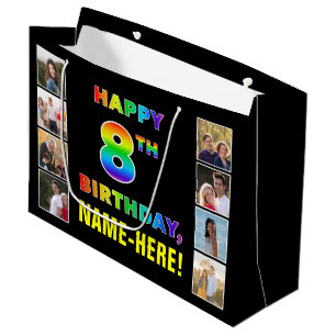 Grand Sac Cadeau 8e anniversaire : Rainbow Text, Custom Photos & Na