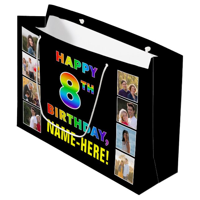 Grand Sac Cadeau 8e anniversaire : Rainbow Text, Custom Photos & Na (Devant Angle)