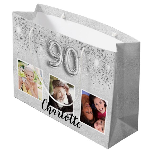 Grand Sac Cadeau 90e anniversaire argent parties scintillant nom ph (Dos Angle)