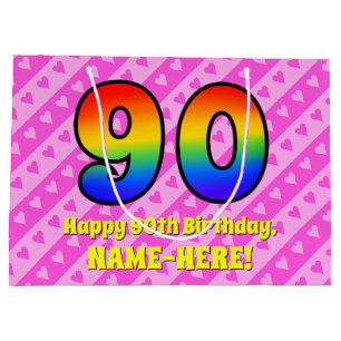 Grand Sac Cadeau 90e anniversaire : Pink Stripes & Hearts, Arc en c